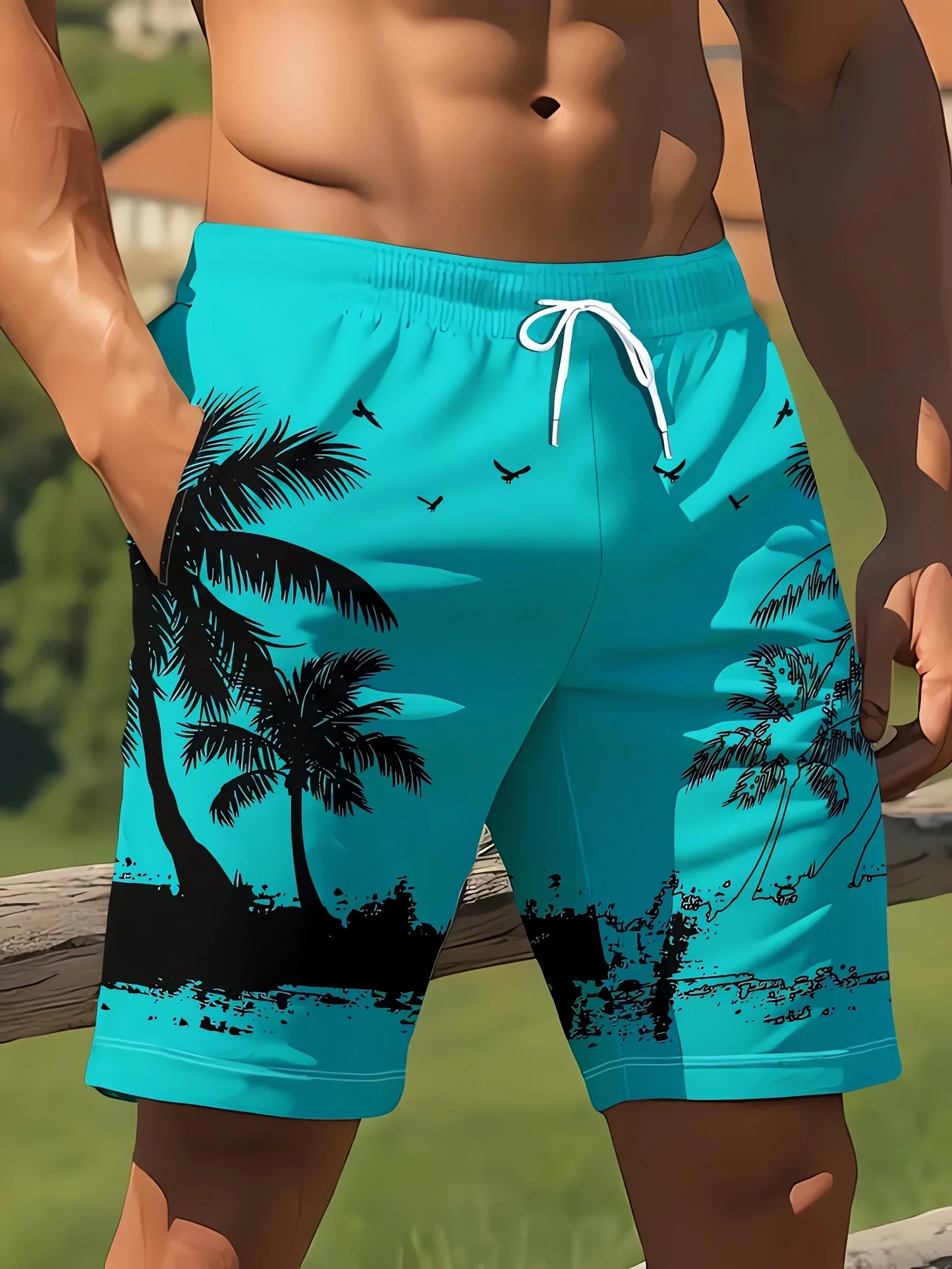 Men's Ocean Coconut Tree Print Beach Shorts Summer New Vacation Surfboard Shorts Casual Classic Men's Quick-Dry Shorts