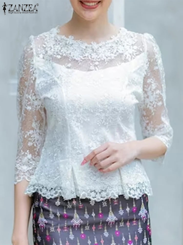 Summer Lace Blouse Women Tops Vintage Hollow Out Floral Blusas 3/4 Sleeve O Neck Tunics 2025 ZANZEA Casual Transparent Pullover