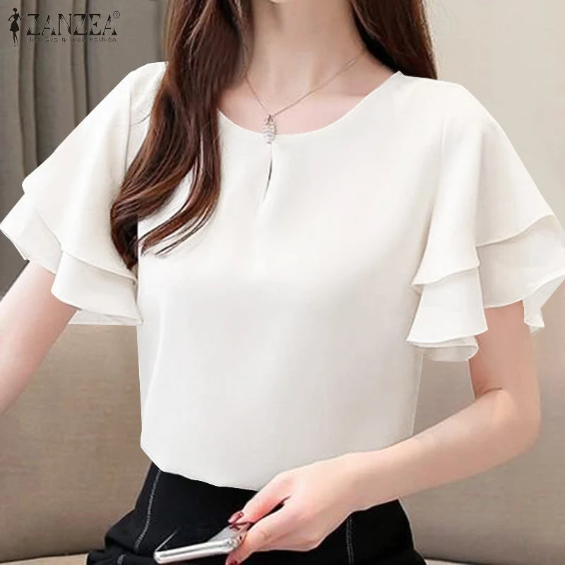 2026 ZANZEA Summer Elegant Short Sleeve Office Blouse Women Shirt Casual Solid OL Work Tops Fashion O Neck Holiday Tunic Mujer