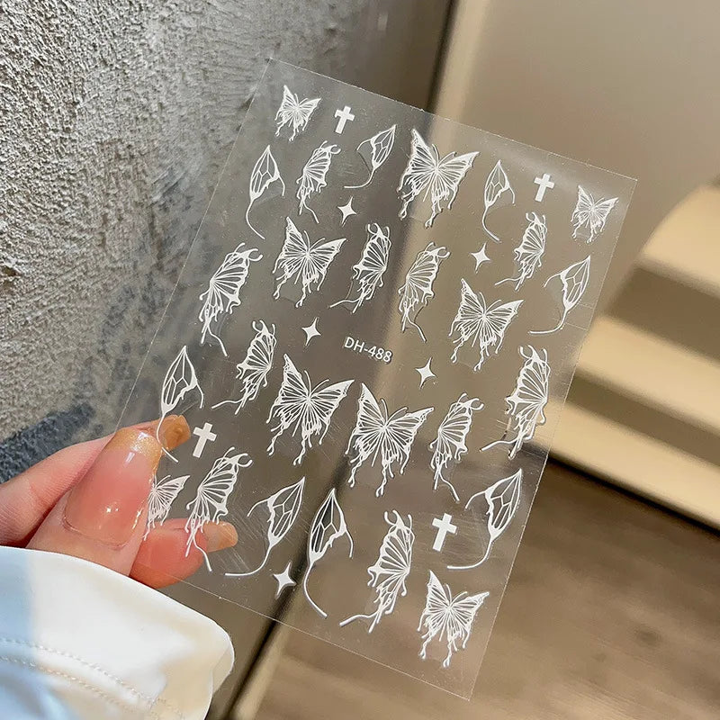 1PCS Black White Butterfly Laser Nail Stickers Y2K Nail Art Decoration Abstract Lines Bronzing Flowers Stickers For Nails