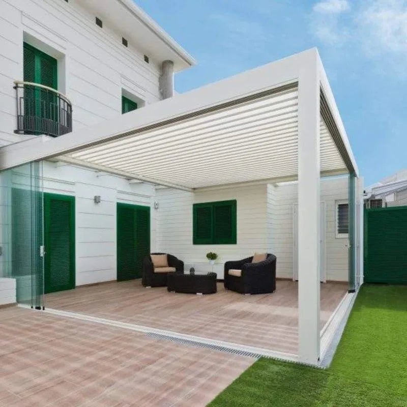 Pergola murale bioclimatique en aluminium, toit à persienne motorisée, auvent extérieur étanche pour balcon ou jardin