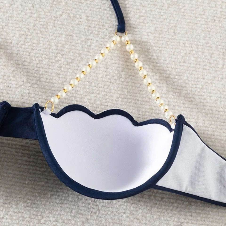 Solid String Pearls Bikini Women Push Up Sea Shell Swimsuit Ruffle High Waist Swimwear Female Bathing Swim Suit Bather Beachwear