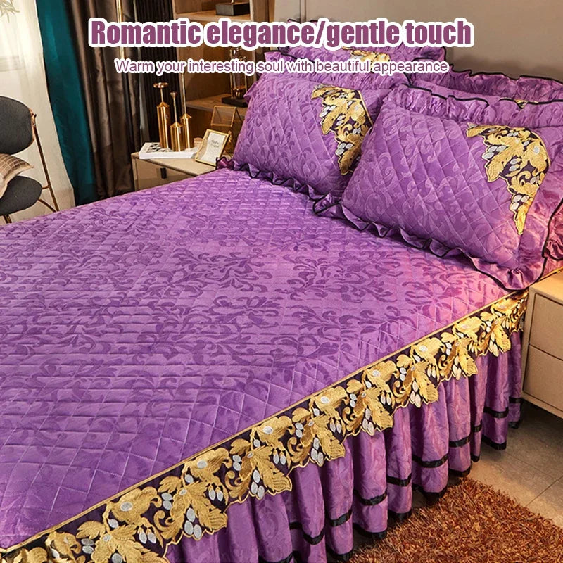 Plush Winter Warm Bedspread on The Bed Thickened Bed Skirt-style Embroidery Cotton Quilt Bedding Cover Pillowcases