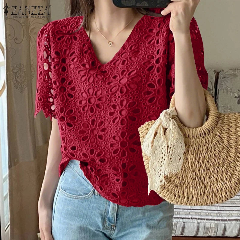 ZANZEA Summer Embroidered Openwork Blouses Women V-Neck Short Sleeve Hollow Out Lace Blusas Mujer Casual Fashion Solid Chemises