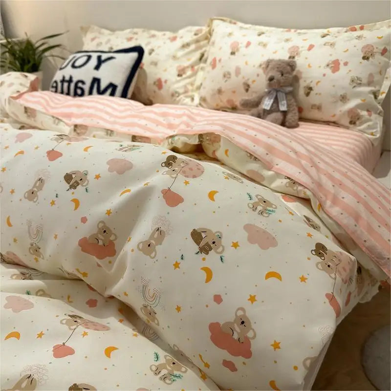 Cute Rabbit Bedding Set New No Filler Ins Floral Duvet Cover Flat Sheet Pillowcases Twin Queen Size Girls Boys Comforter Cover