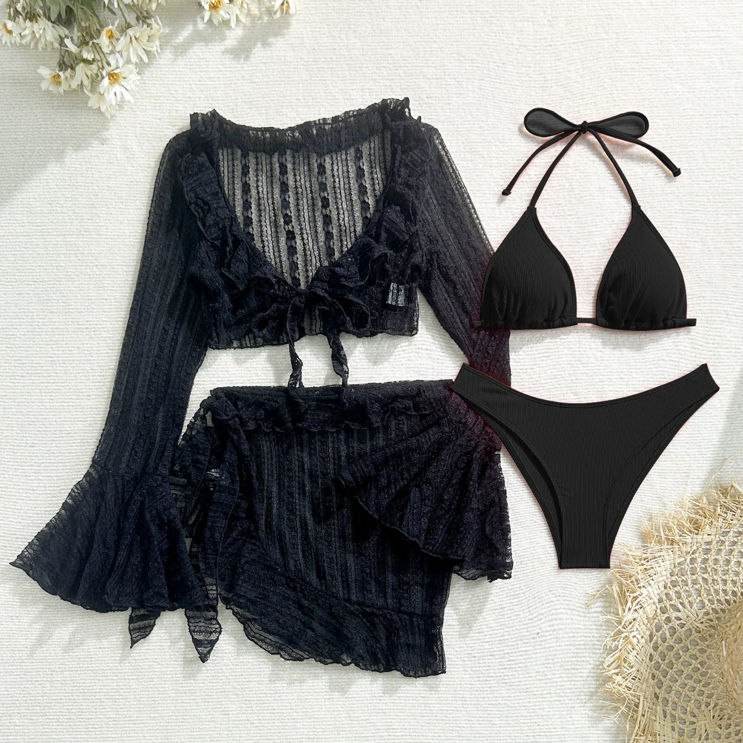 Sexy 4 Pieces Bikinis Sets Women Mesh Long Sleeve Cover Up Beach Skirt Swimwear Holiday Beach Bathing Suit Patchwork Swimsuit