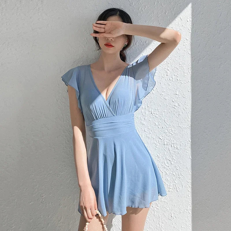 2026 New Swimsuit One-piece Swim Suit Sexy V Neck Swimwear Hot Spring Beach Bathing Skirt Dress Women