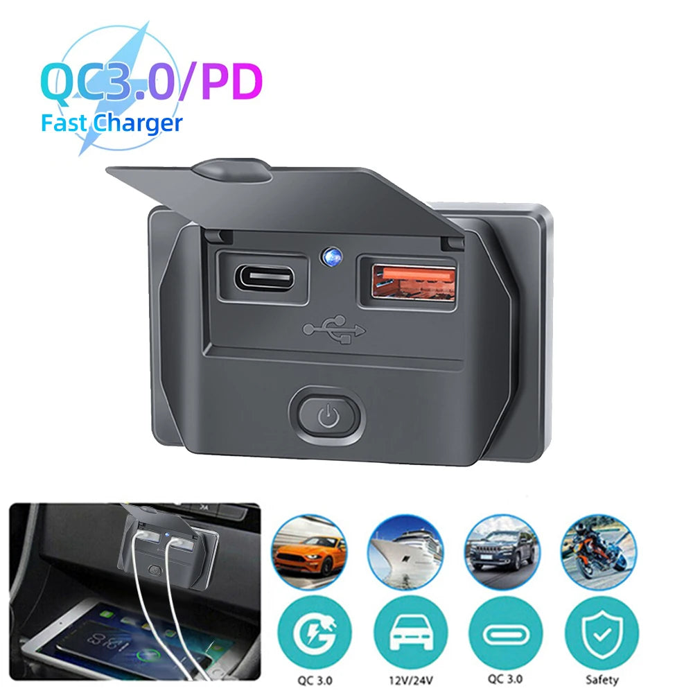 New 4 Ports Car Charger Socket Panel 12V/24V RV USB Outlet Dual QC3.0 PD Fast Charging Socket Accessories for Car Bus RV Truck