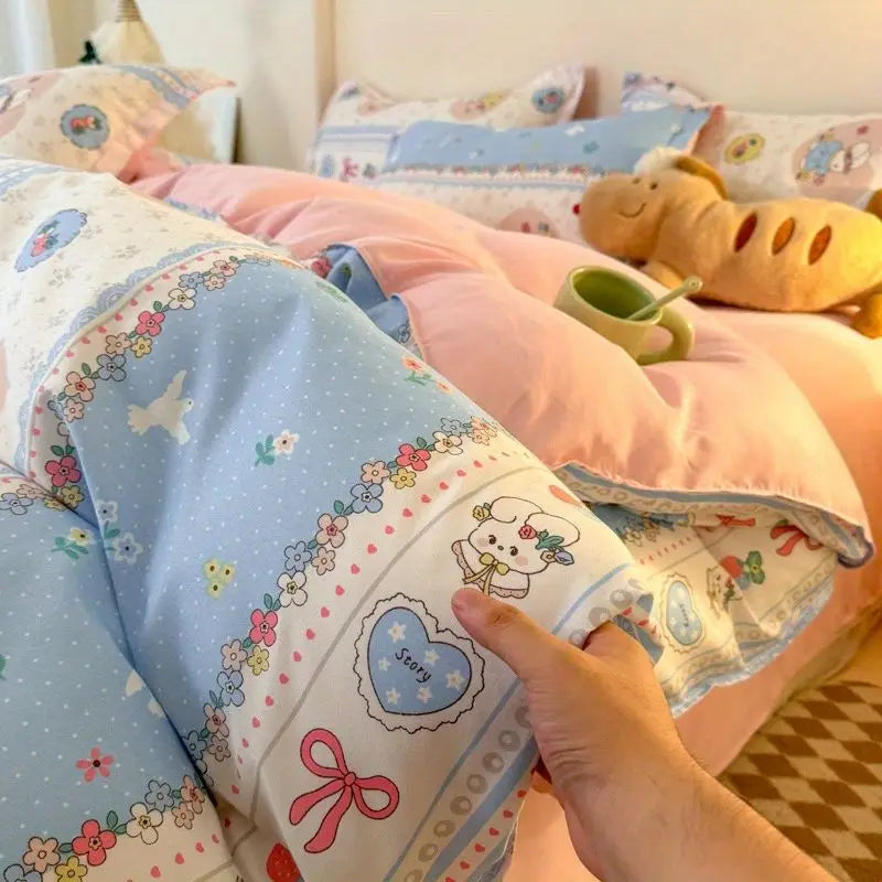 Cute Rabbit Bedding Set New No Filler Ins Floral Duvet Cover Flat Sheet Pillowcases Twin Queen Size Girls Boys Comforter Cover