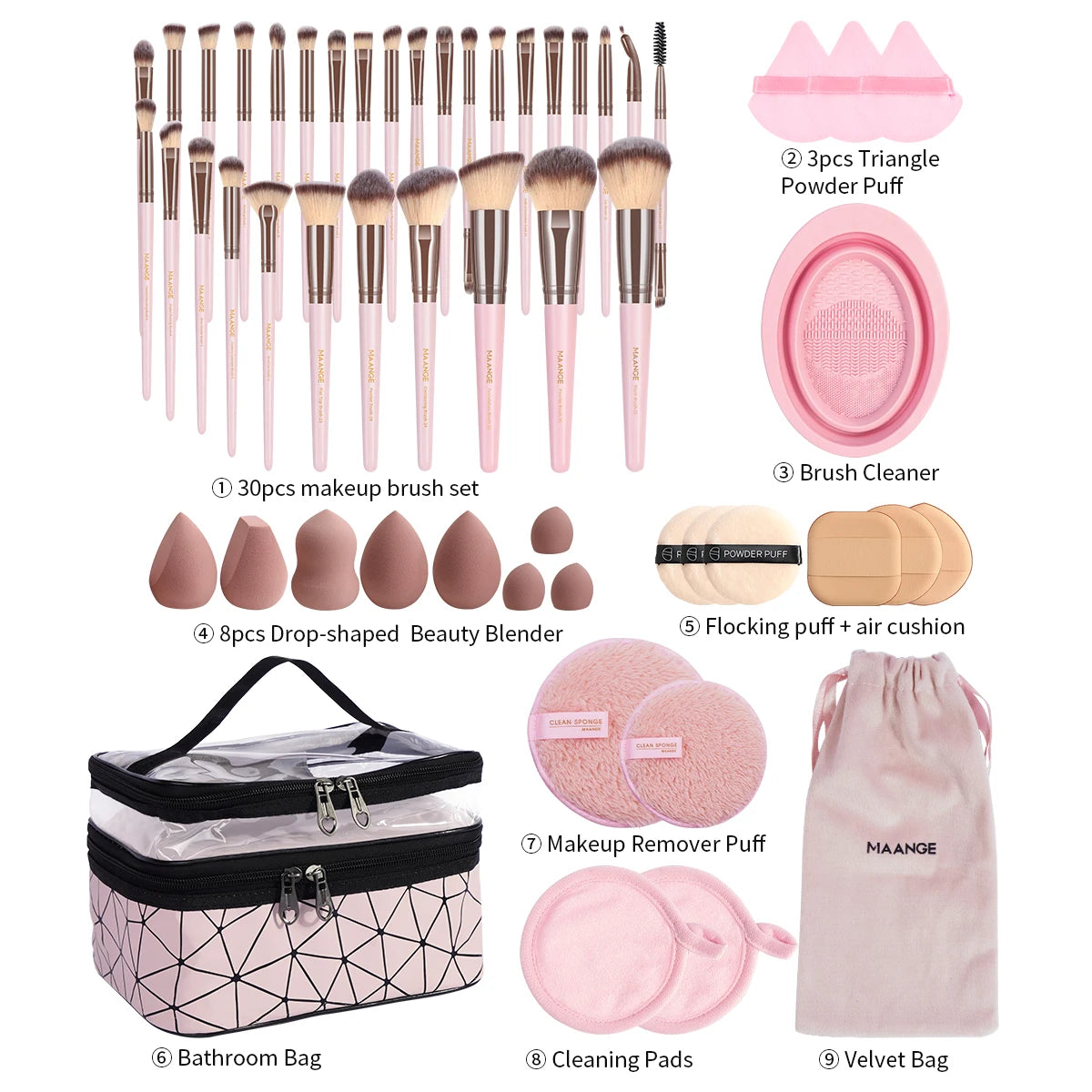 MAANGE 54PCS Professional Makeup Tools Kit with Bag 30PCS Makeup Brush Set Makeup Sponge Removal Puff Makeup Storage Bag Travel