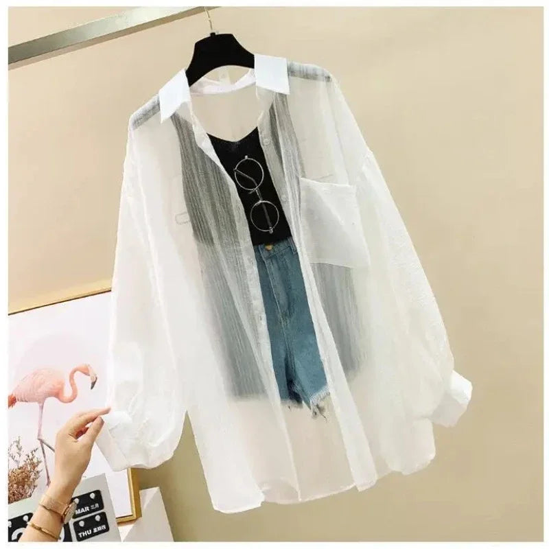 Summer Women's Elegant Chiffon Sunscreen Shirt Korean Harajuku Style See-Through Loose Blouse Thin Perspective Cardigan Yk2 Tops