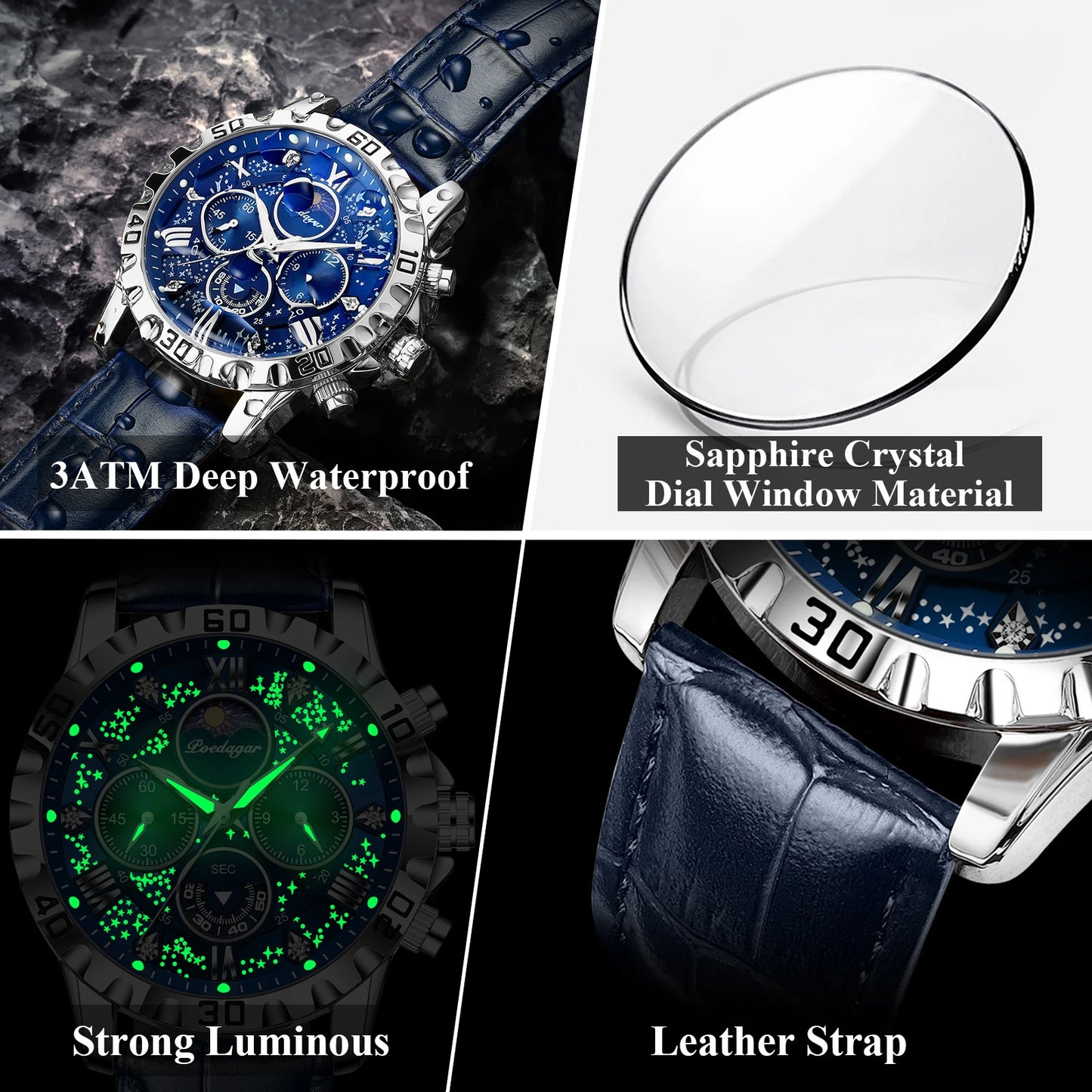 POEDAGAR Luxury Fashion Man Watch Waterproof Luminous Chronograph Leather Watches For Men Sports Outdoor Men's Quartz Wristwatch