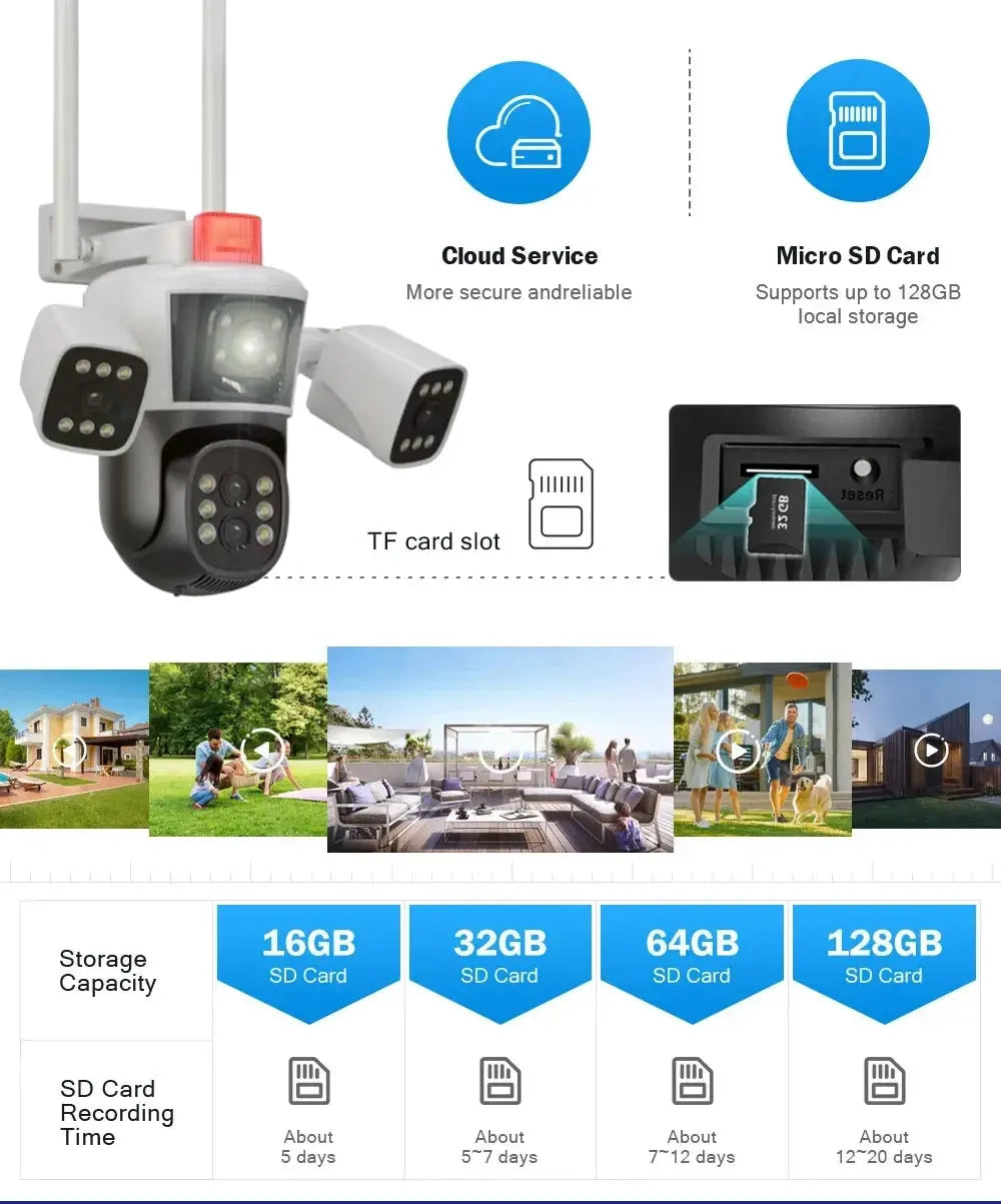 Smart Home WiFi Security Camera 16MP 8K HD Video CCTV Surveillance IP Cameras Outdoor 360° Wireless 4-Lens 3-Screen Camera