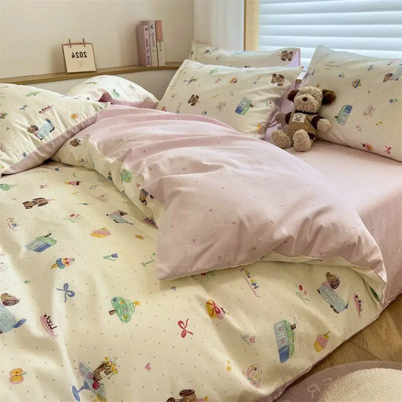 Cute Rabbit Bedding Set New No Filler Ins Floral Duvet Cover Flat Sheet Pillowcases Twin Queen Size Girls Boys Comforter Cover
