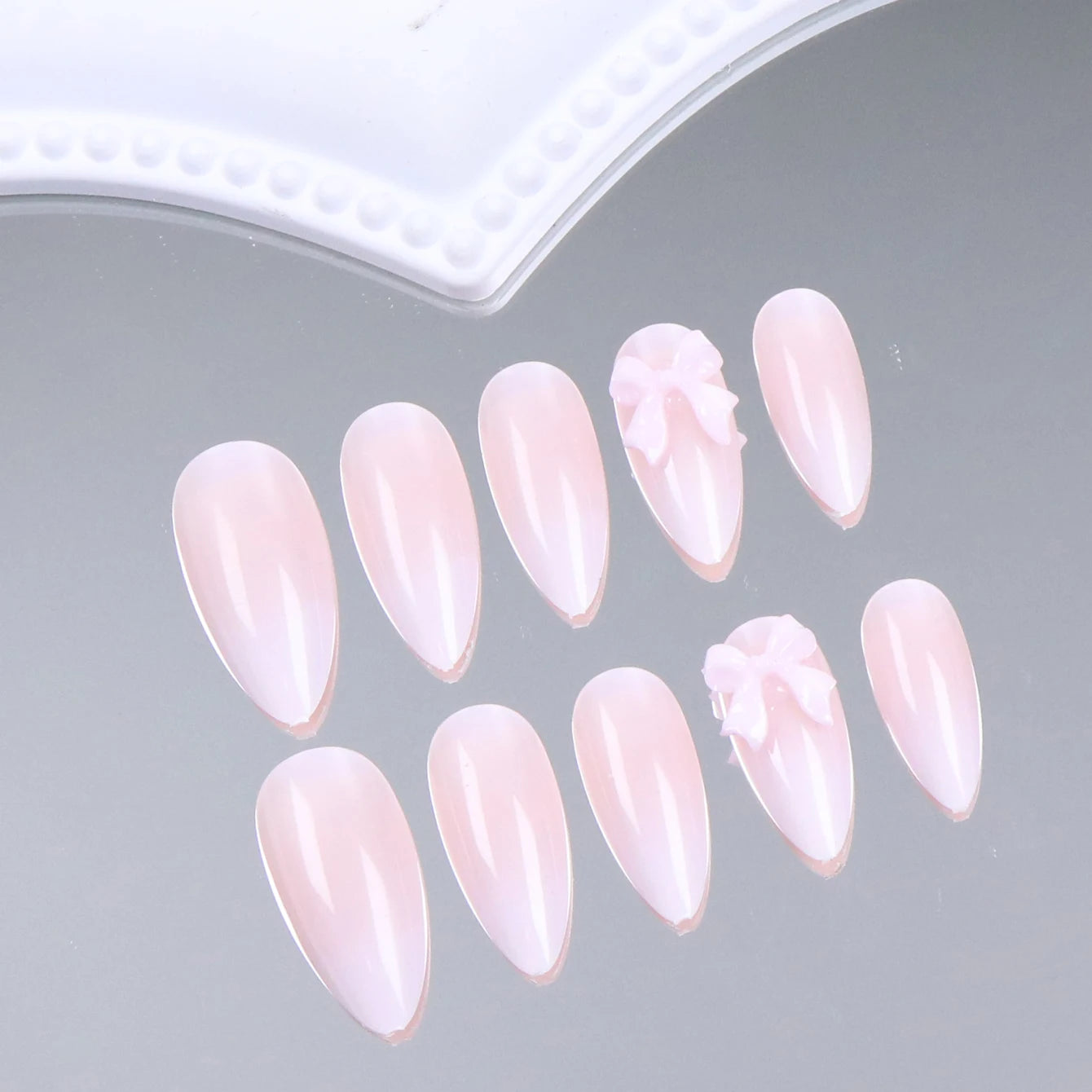 24PCS Almond Press on Nails Medium Fake Nails with Pink Bow Designs Glue on Nails Glossy Acrylic False Nails As Women Girls Fift