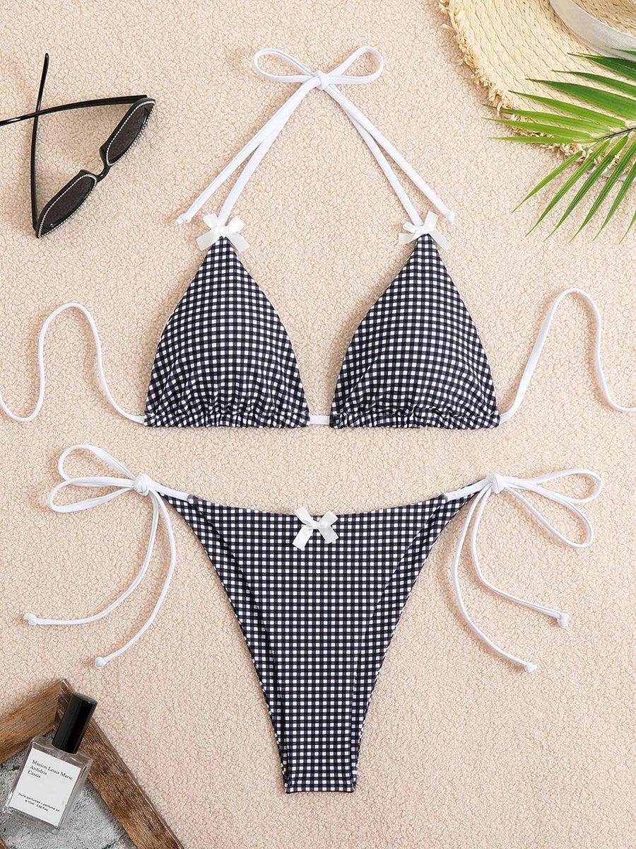 Sexy Bikini Women's Swimsuit Butterfly Decor Checked Swimwear 2026 Halter Thong Bikinis Sets Swimming for Beachwear Bathing Suit