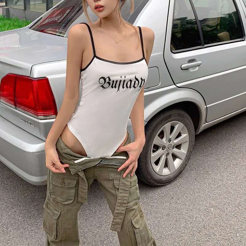 White One-Pieces Bodysuit Letter Print Lenceria Bodys Sexy Mujer Lingerie Tops Women Spaghetti Strap Body Feminino Square Collar