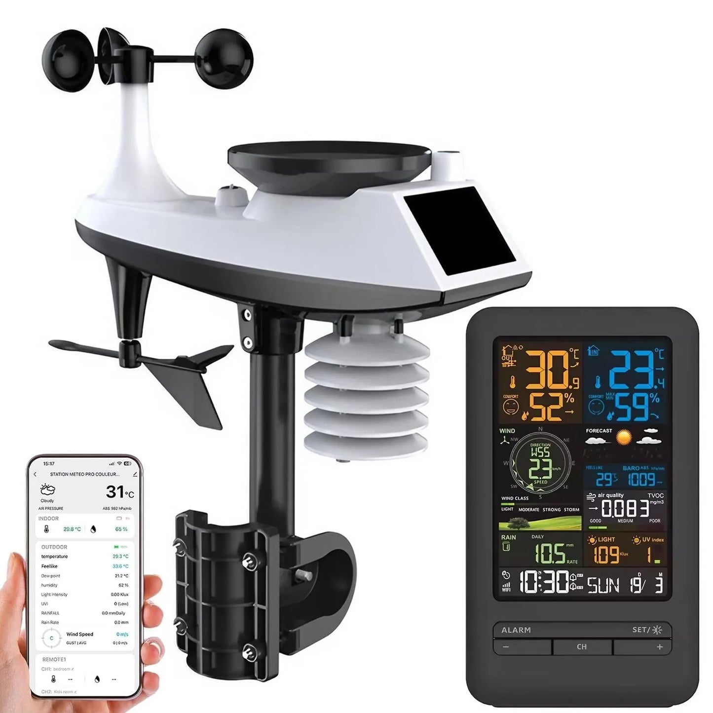 Smart Home Weather Station Monitor Temperature Humidity Wind Speed Rainfall UV Index TVOC Auto Timer Calendar