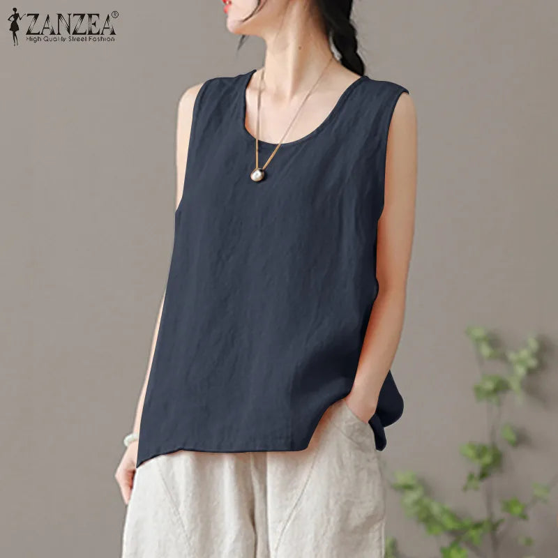 2024 ZANZEA Fashion Summer Beach Shirt Women O Neck Sleeveless Tanks Tops Female Party Solid Loose Blouse Elegant OL Work Blusas