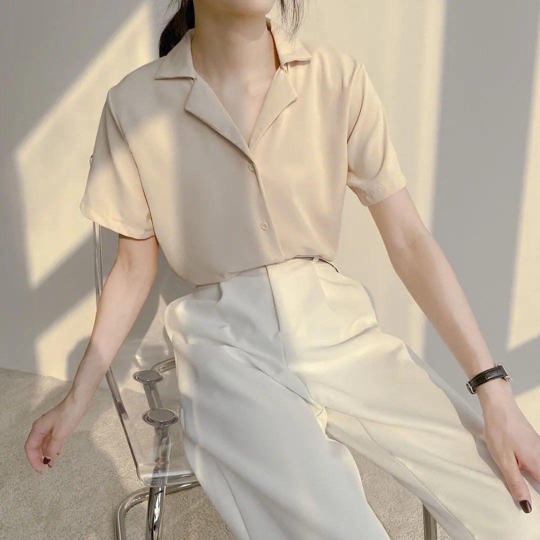 Women Summer Elegant Solid Chiffon Blouses Casual Turn Down Collar Short Sleeve Loose Shirts Korean Chic Top Female Tunic