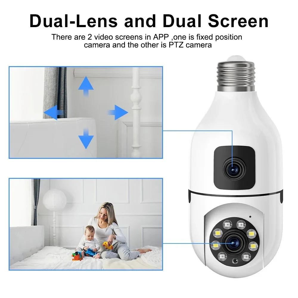 CCTV Security Camera with Dual Lens, PTZ Camera, Night Vision, Human Detection, Wi-Fi, Smart Home, 6MP Bulb, 2.4Ghz