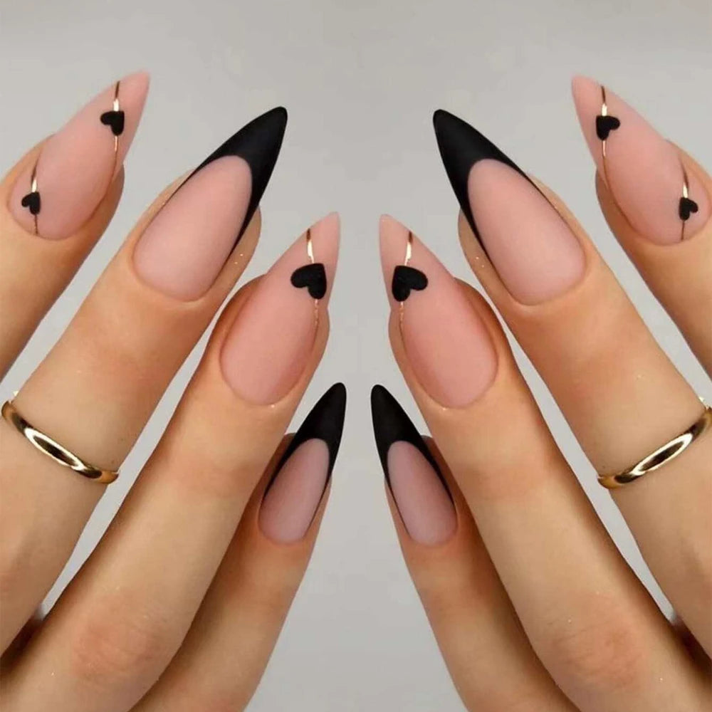 ARTAUG 24PCS Medium Ballerina Pink Nails Black French Tip Press On Nails Press On Nails Love Design Summer Nails Tipsy Cute Nail