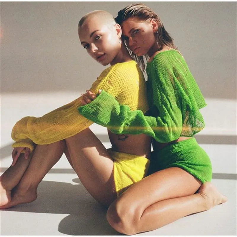 2023 Sexy Beach Crop Top Shorts Sets Women Knit Long Sleeve Lace Up Female Suit Summer Holiday See Through 2 Piece Set Womens