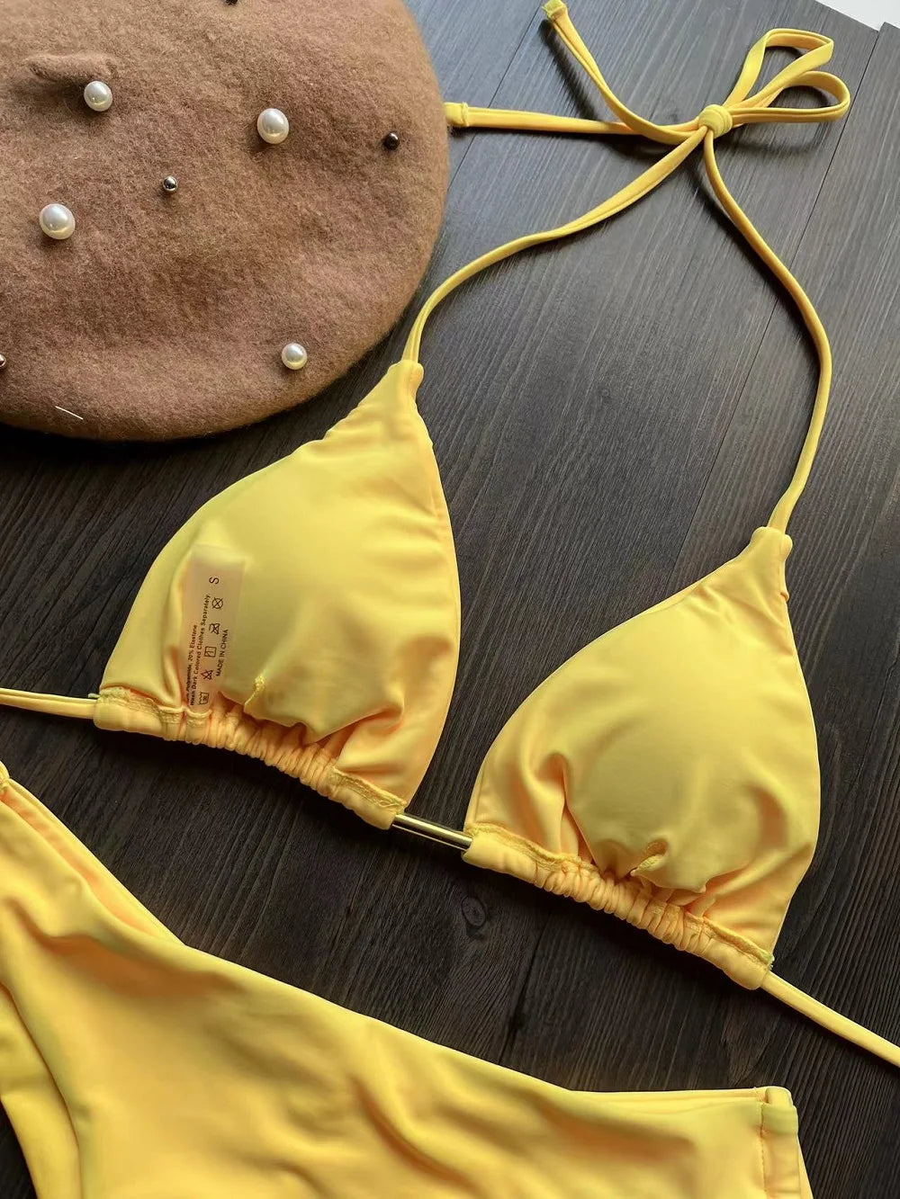 Solid color bikini set 2026 women's new swimsuit 2-piece set bead neck hanging bikinis summer beach Swimwear