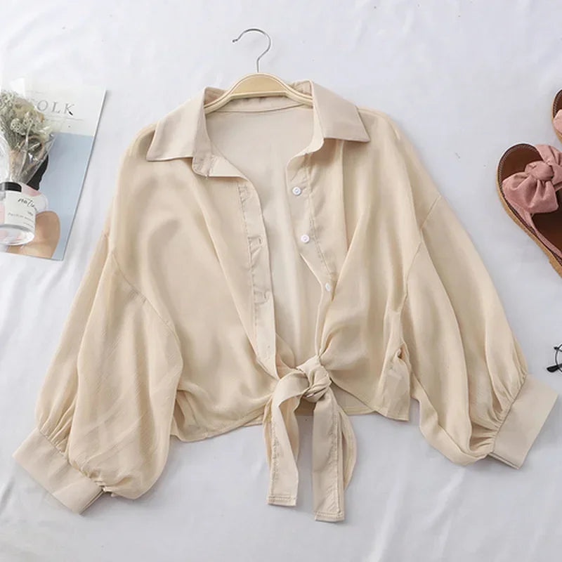 Summer Sun-protective clothing Casual Loose Clothes Elegant Solid Color Tied Waist Blouse Bat Half Sleeve Button Chiffon Shirt