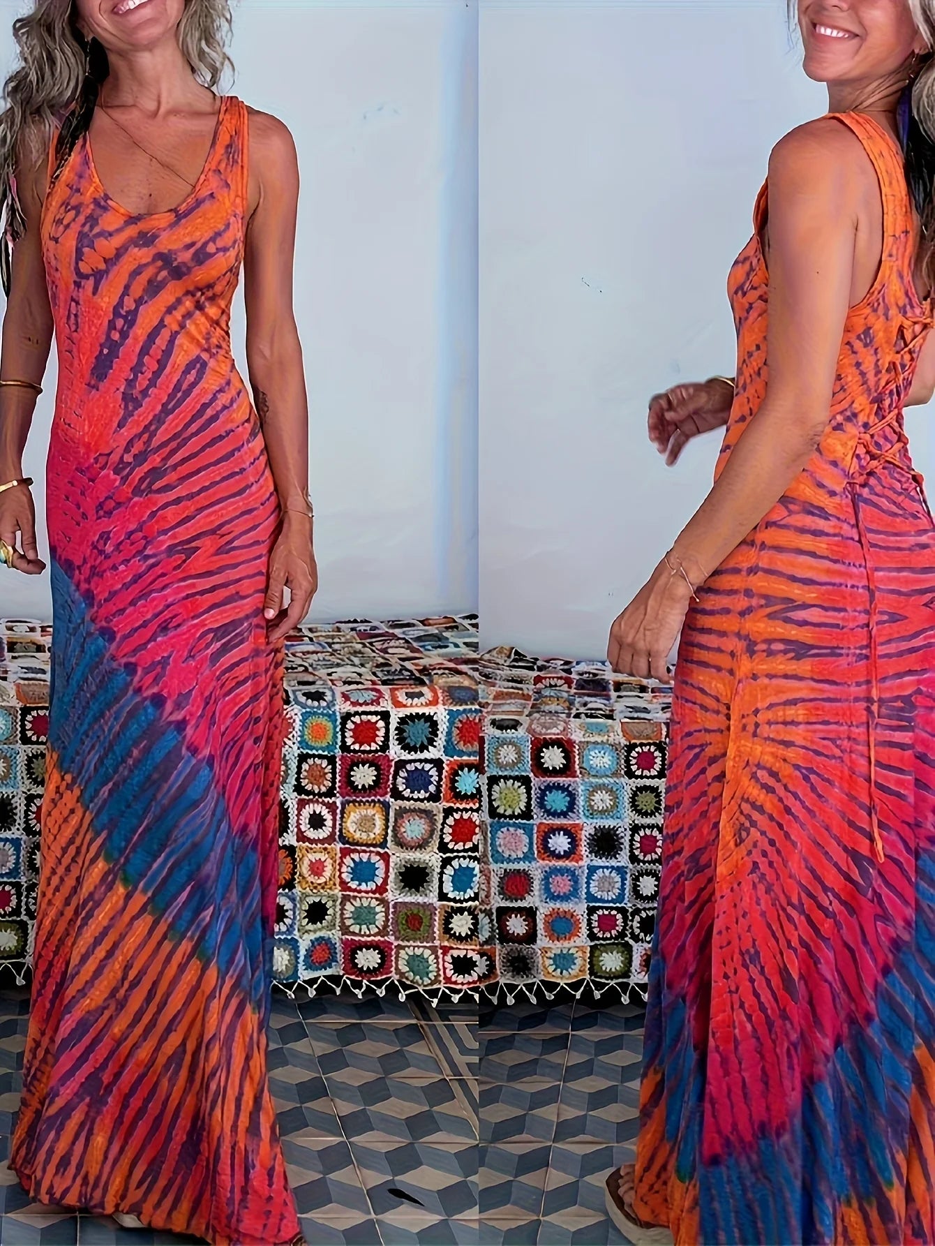 Summer ladies suitable for vacation bright and bright printed wide shoulder strap round neck backless sleeveless dress