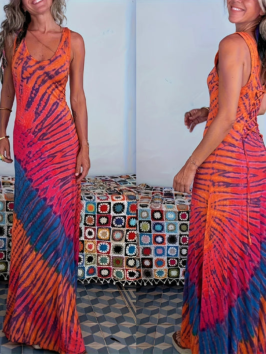 Summer ladies suitable for vacation bright and bright printed wide shoulder strap round neck backless sleeveless dress