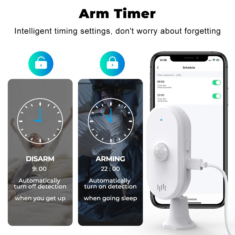 SMATRUL Tuya Smart Wifi Pir Motion Sensor Usb Home Security System Detector Alarm App Remote Control Timing Arming