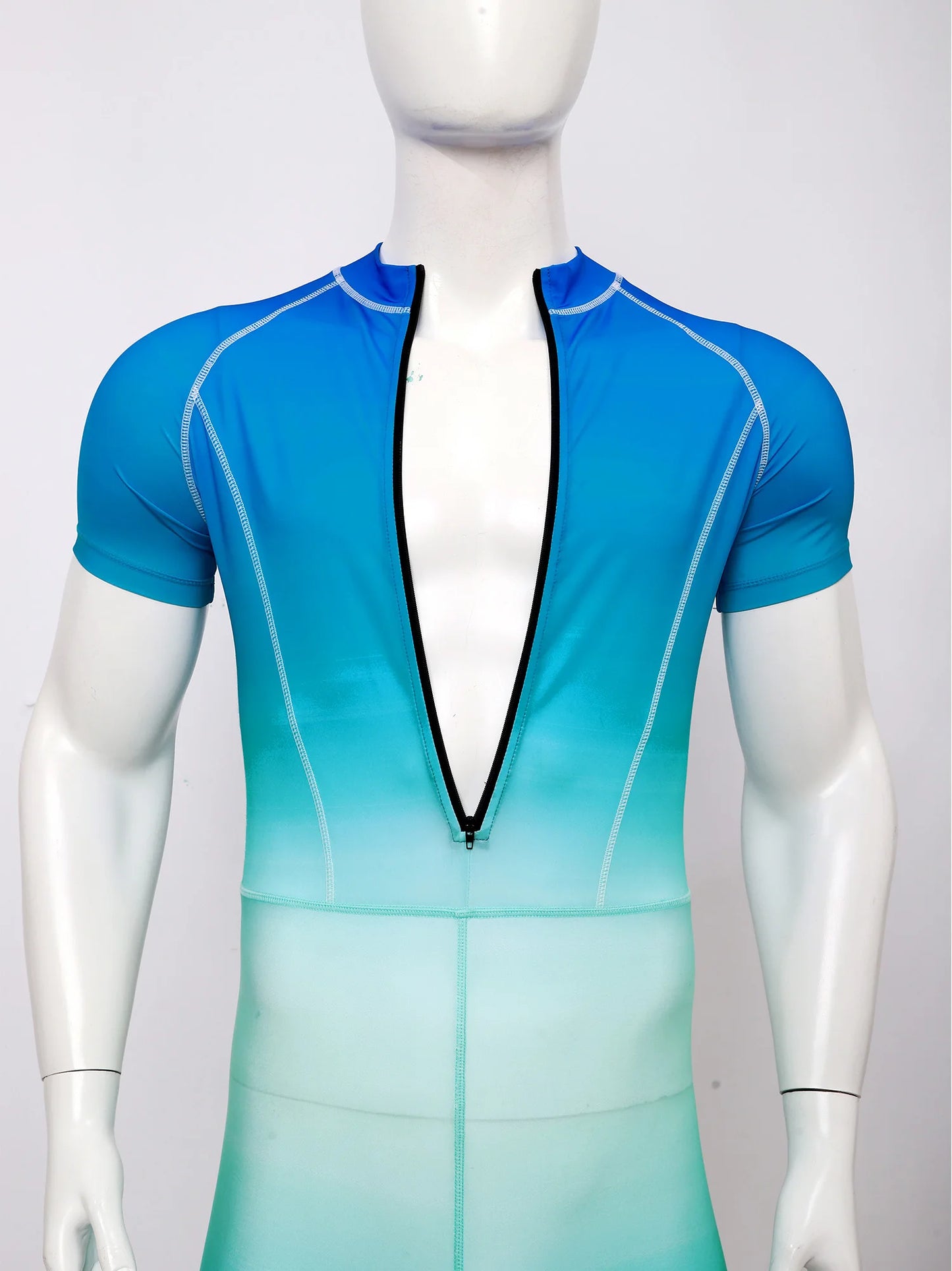 Men Gradient Bodysuit Rash Guard Swimwear Wetsuit Short Sleeve Zipper Bathing Suit Surfing Beach Pool Water Sports Wimsuit