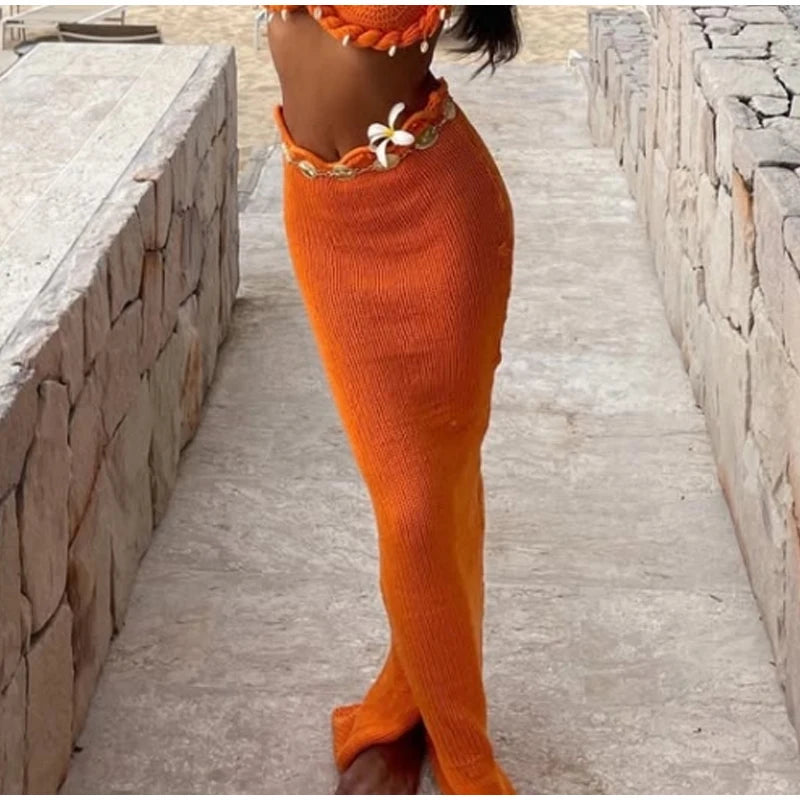 Knit Woven Bra Top Skirt Sets Women Twist Strap Sleeveless Backless Corset Long Skirts Suits Female 2 Pieces Seaside Vacation