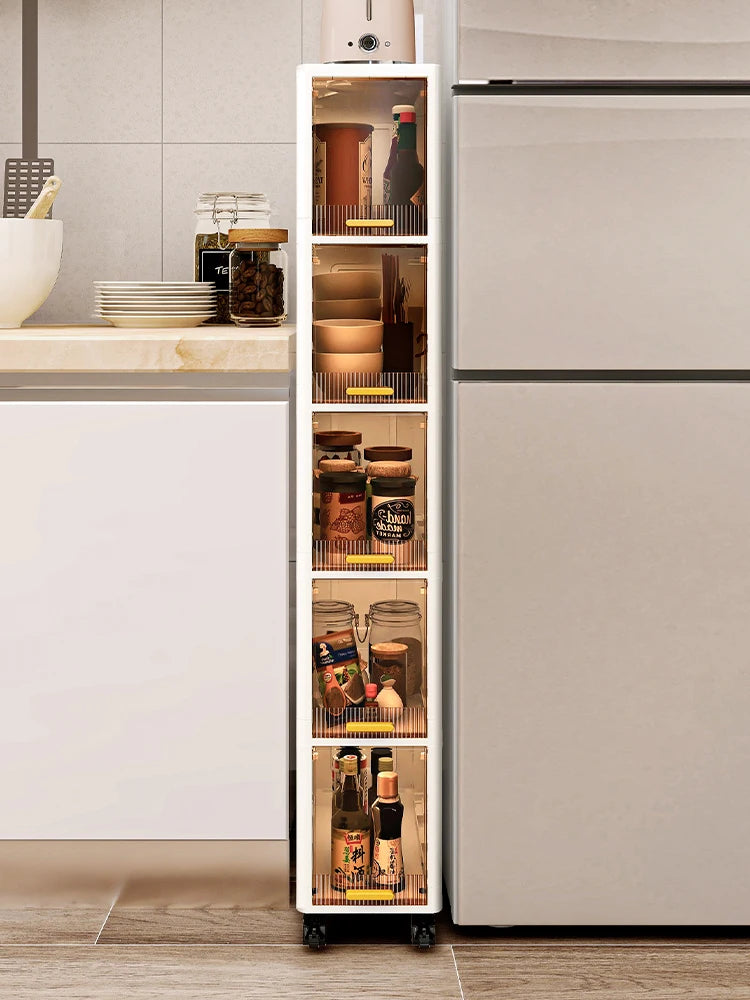 20cm Slim Storage Cabinet, 3/4/5-Tier Narrow Rolling Organizer with Wheels, Space-Saving Shelf  White Multi-Purpose Storage