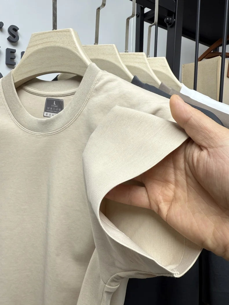 Summer solid color men's simple and luxurious embroidered round neck short sleeve T-shirt top comfort breath for daily commuting
