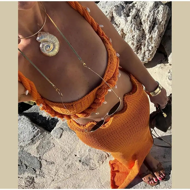 Knit Woven Bra Top Skirt Sets Women Twist Strap Sleeveless Backless Corset Long Skirts Suits Female 2 Pieces Seaside Vacation