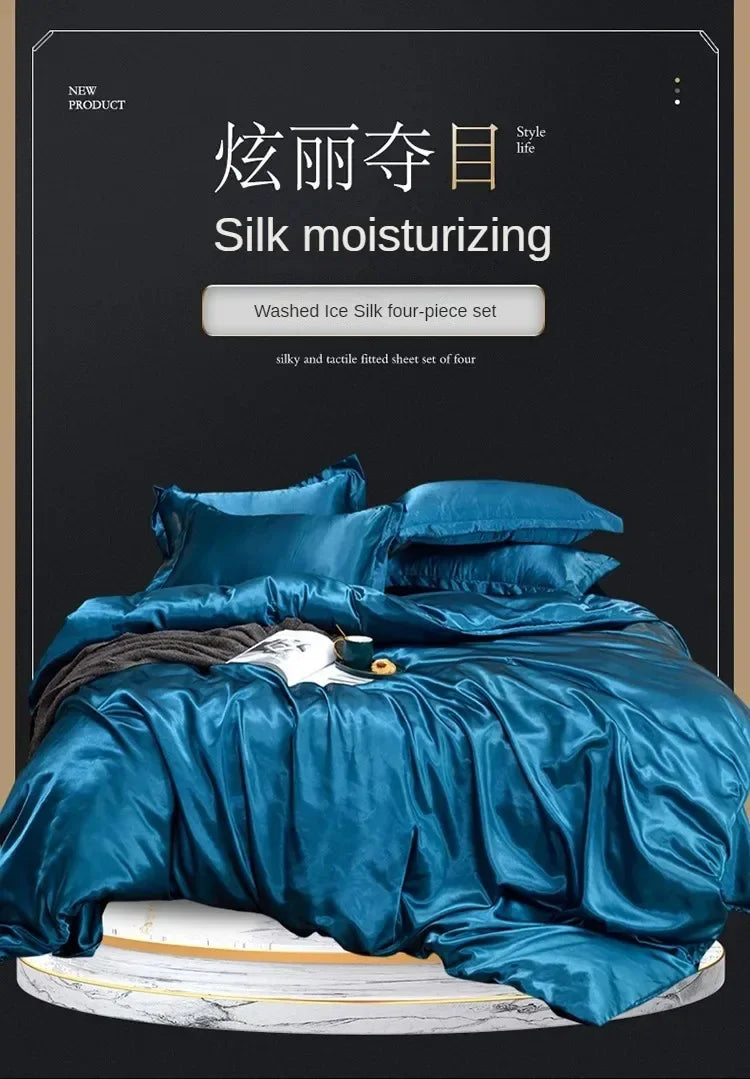 Solid Color Silk-like Bedding European and American Bed Sheet Quilt Cover Pillowcase