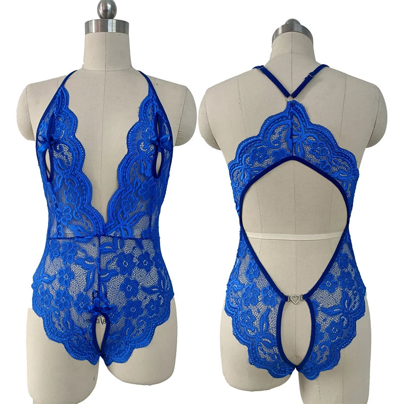Lenceria Mujer Sexi One Pieces Open Bra Underwear For Sex Women Blue Deep V Crotchless Lingerie Sets Lace Transparent Bodysuits