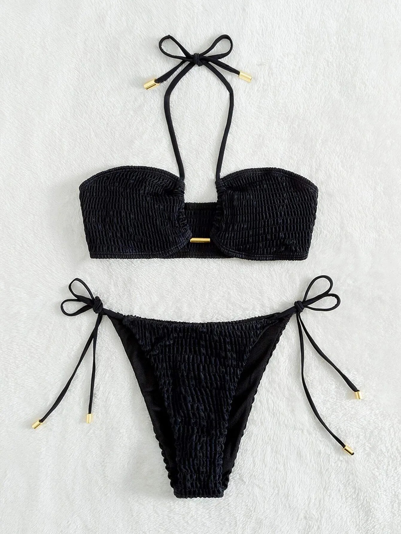 Sexy Triangle Bikini 2026 Women Red Black Ribbed Push Up Micro Swimsuit Cut Out Metal Designer Bathing Suit Knot Thong Swimwear