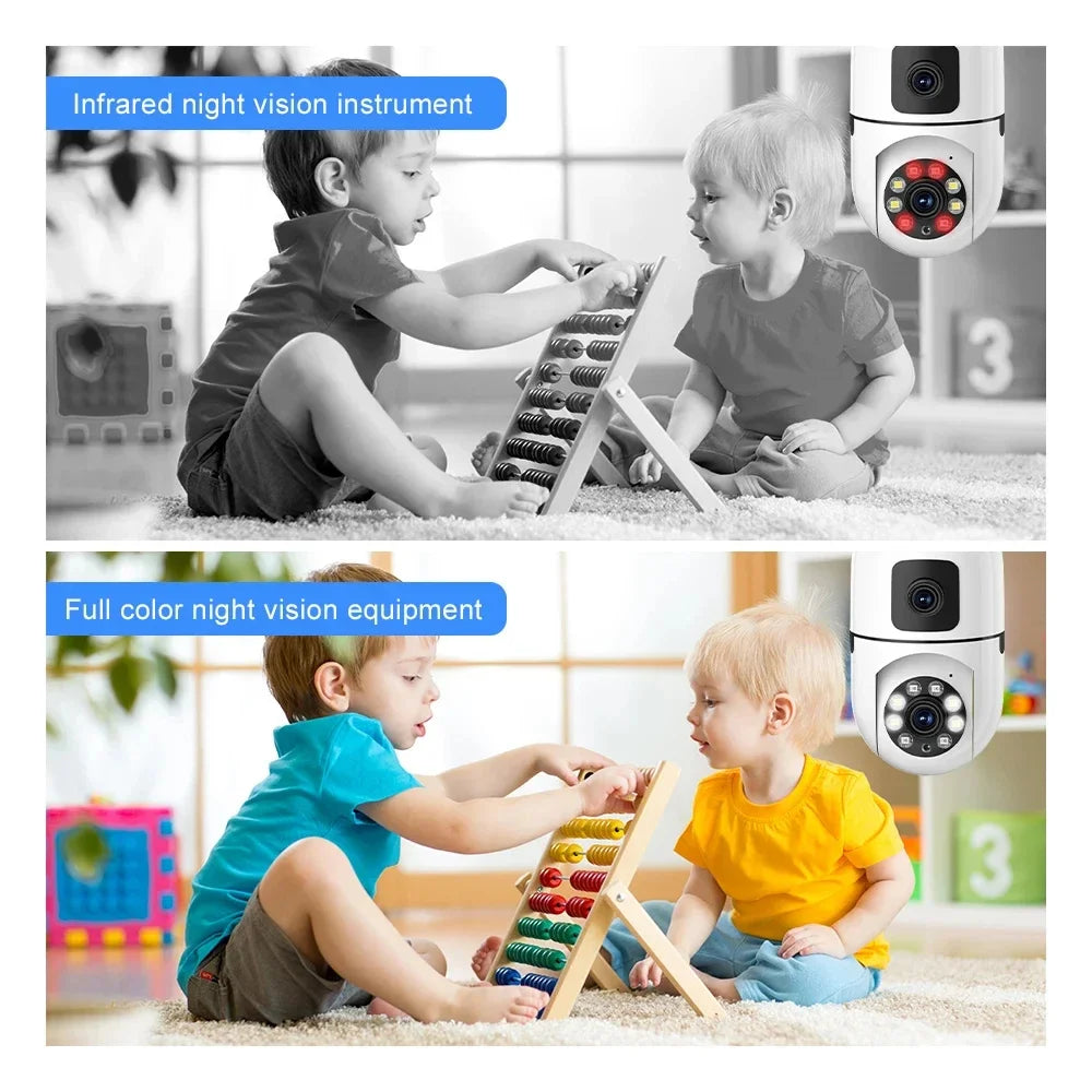 CCTV Security Camera with Dual Lens, PTZ Camera, Night Vision, Human Detection, Wi-Fi, Smart Home, 6MP Bulb, 2.4Ghz