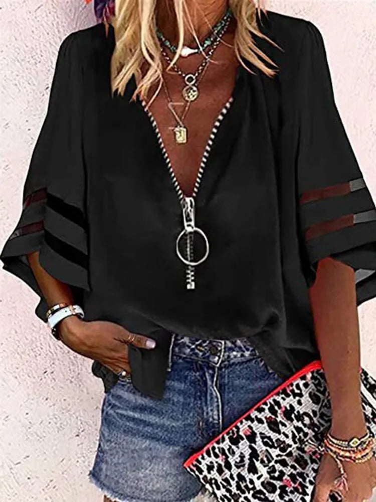Summer Shirt Elegant Women Lace Patchwork Flared Sleeve Mesh White Blouse Women Zipper V-Neck Loose Casual Tops Streetwear Femal