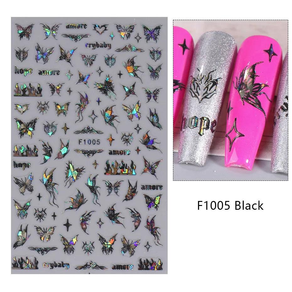 1PCS Black White Butterfly Laser Nail Stickers Y2K Nail Art Decoration Abstract Lines Bronzing Flowers Stickers For Nails