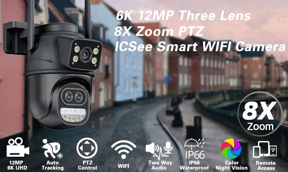 ICSEE Smart WIFI Security Camera 12MP 8K Three Lens 8X Zoom Outdoor HD Video Surveillance IP Cameras IPTV CCTV PTZ Auto Tracking