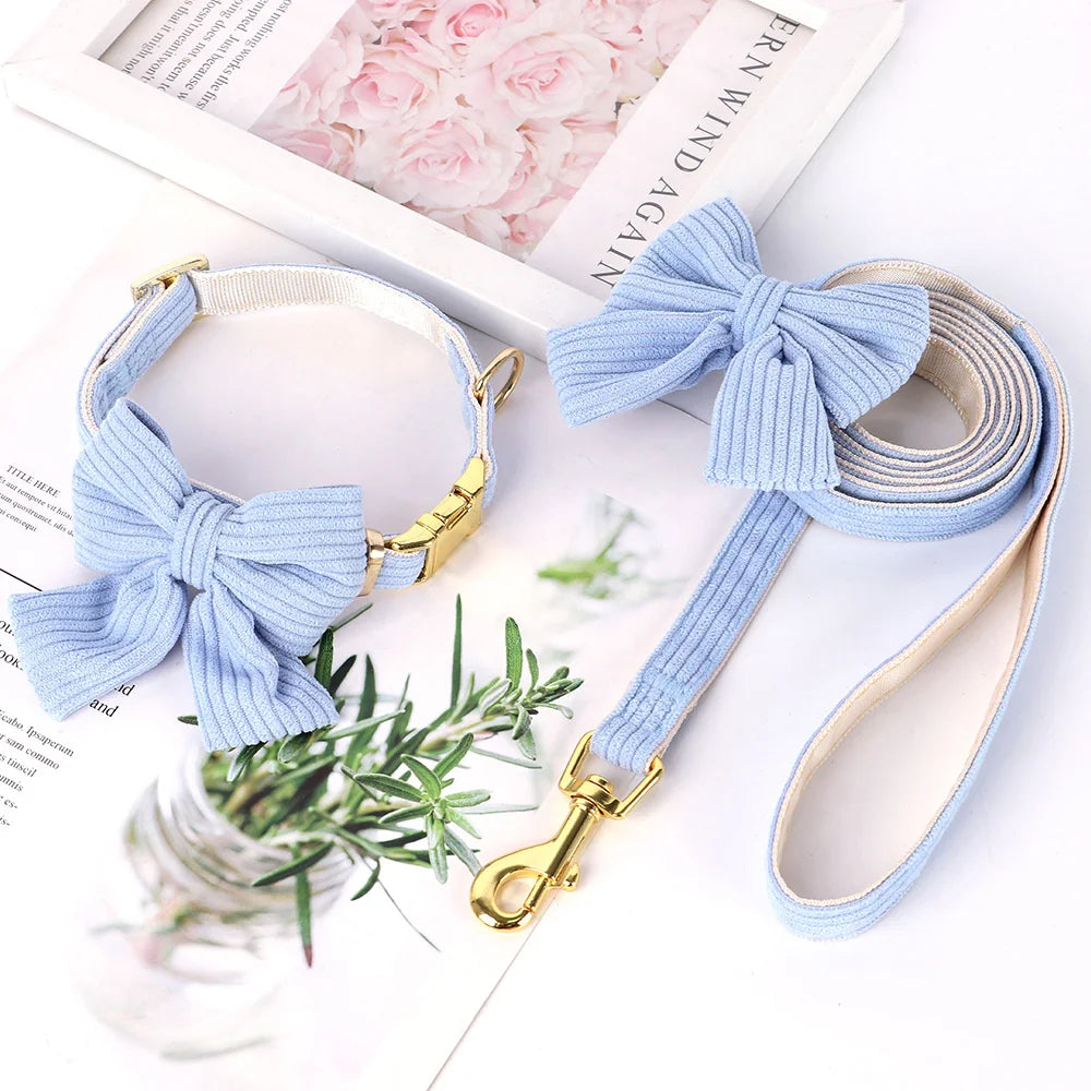 Cute Dog Collar Leash Set With Bowknot Soft Velvet Puppy Dogs Collars Outdoor Pet Walking Lead For Small Medium Dogs Chihuahua