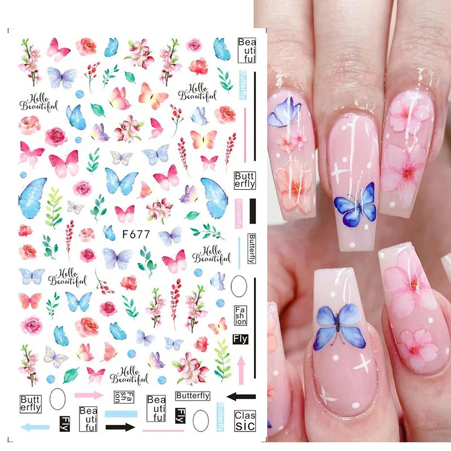 1PCS Black White Butterfly Laser Nail Stickers Y2K Nail Art Decoration Abstract Lines Bronzing Flowers Stickers For Nails