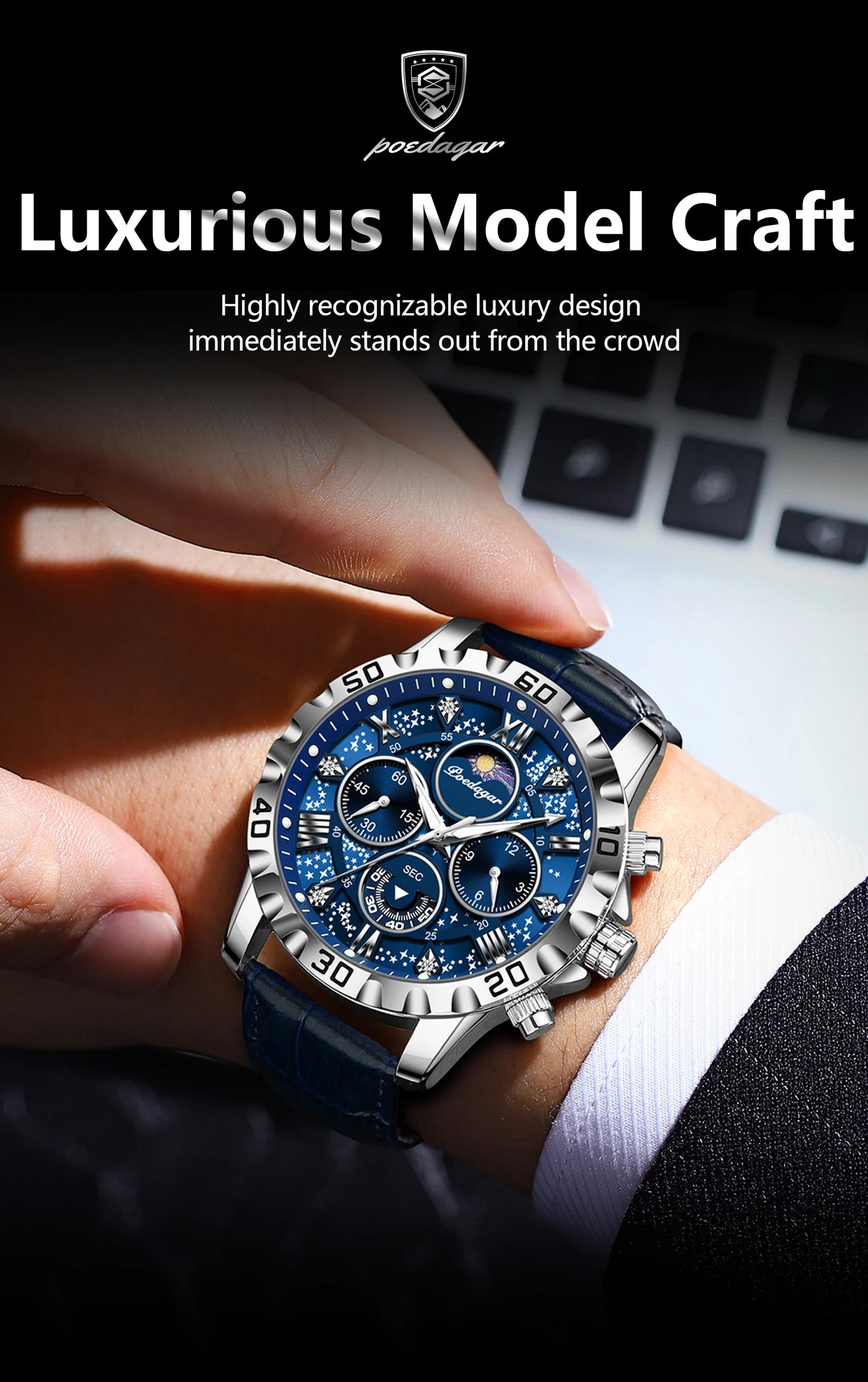 POEDAGAR Luxury Fashion Man Watch Waterproof Luminous Chronograph Leather Watches For Men Sports Outdoor Men's Quartz Wristwatch
