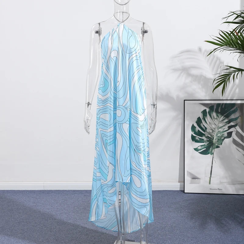 Fashion Halter Printed 3 Pieces Sets Women Lace Up Sleeveless Backless Tops Mini Shorts Asymmetric Skirts 2026 Summer Lady Suits