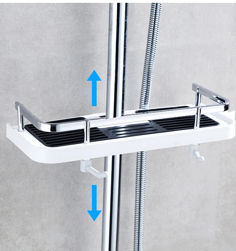 Bathroom Shower Storage Rack Organizer Pole Shelves Shampoo Tray Stand Single Tier No Drilling Lifting Rod Shower Head Holder