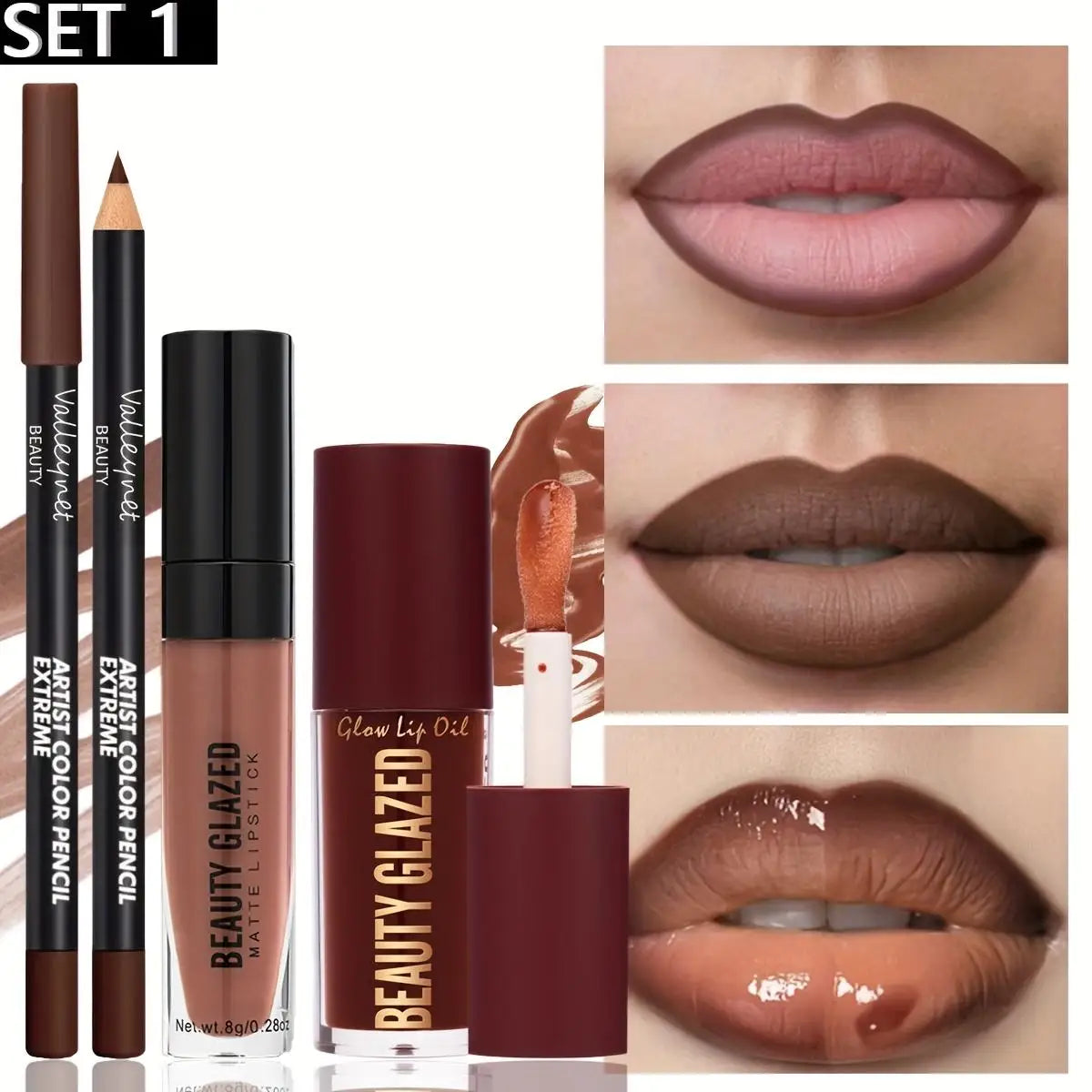3pcs/Set Makeup Set: Matte Lip Liner+Lip Glaze+Moisturizing Lip Oil,Long-Lasting And Easy to Color,Waterproof And Sweat-Proof